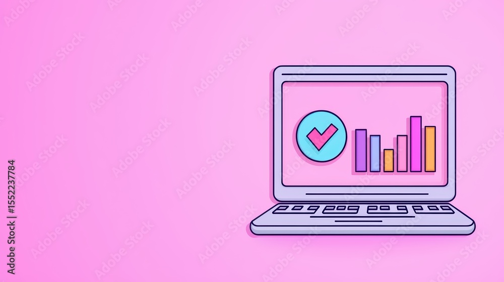 Poster laptop displaying colorful graphs and checkmark on pink background for data analysis and business gr