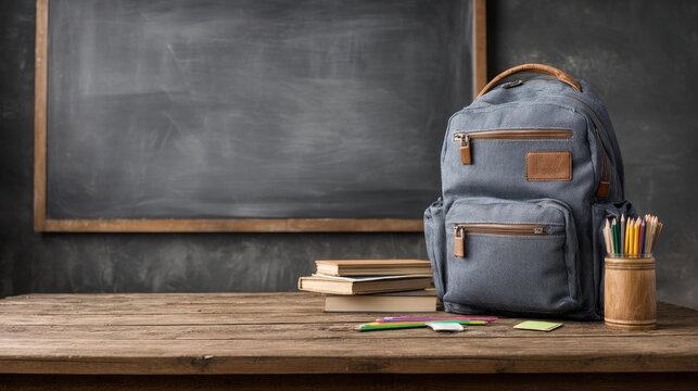 Classroom-themed setup with backpack, stationery, and chalkboard on a table