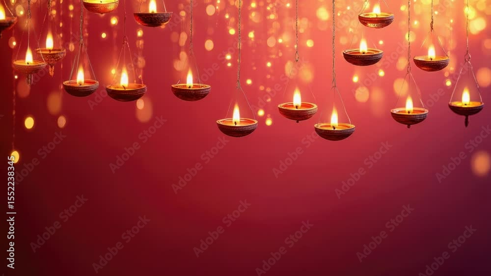 Poster Group of lit candles suspended from strings creating a warm ambiance