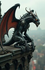 Fototapeta premium Vertical illustration. Mechanical gargoyle on gothic rooftop, brass wings, glowing eyes, fantasy horror concept. Illustration perfect for a steampunk gothic book cover. High quality illustration