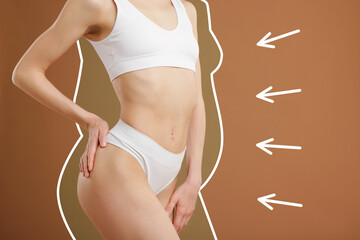 Slim woman showing her perfect body on pale brown background, closeup. Outline of previous...