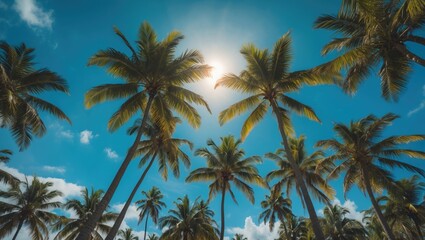 Palm Trees Blue Sky Sun Summer Tropics Vacation with empty copy space for text