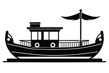 Silhouette of a Classic River Boat with Cabin and Decorative Flagpost Illustration