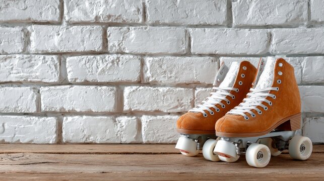 Close-up of roller skates placed on a wooden table near a white brick wall with blank space