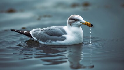 Obraz premium A beautiful seagull seabird of the family Laridae in the sub-order Lari is swimming after enjoying a cool sip of water.