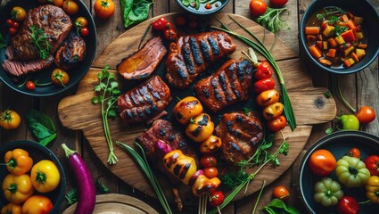 Fototapeta premium Flat Lay Composition With Barbecued Meat And Vegetables On Wooden Table, Space For Text, With Empty Copy Space For Text