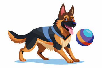 Happy german shepherd dog wearing a blue vest plays with a colorful ball