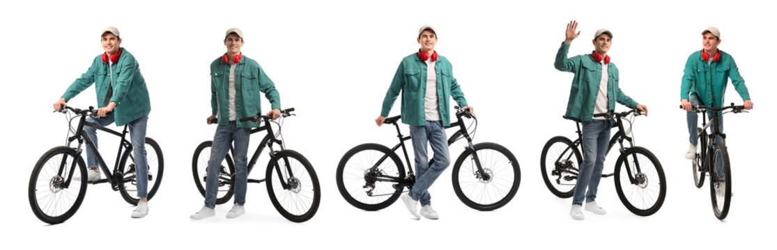 Young man with headphones and bicycle on white background, collage of photos