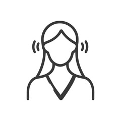 Obraz premium Hearing Loss Icon: Woman with Sound Waves Near Ears, Outline Style