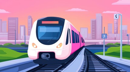 Naklejka premium Modern Train Approaching City Skyline at Sunset with Vibrant Colors and Dynamic Composition in an Urban Setting