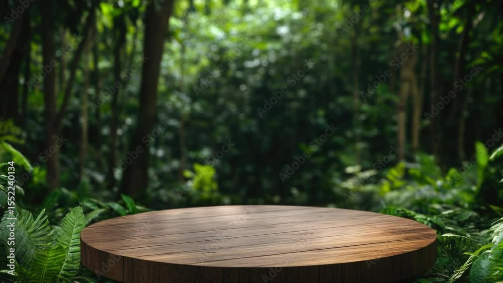 Poster a wooden table surrounded by trees and foliage in a serene forest environment
