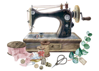 Vintage sewing machine, tailoring supplies, eucalyptus branch. Realistic watercolor painting isolated on white background. For haberdashery, master classes, sewing blog. Postcards and business cards