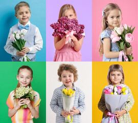Cute children with bouquets of flowers on different color backgrounds. Collage of photos