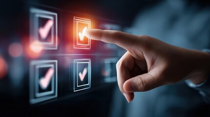 Finger Pressing Digital Checkbox on Futuristic Interface
