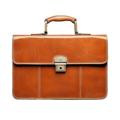 A brown leather briefcase with metal clasp and handle