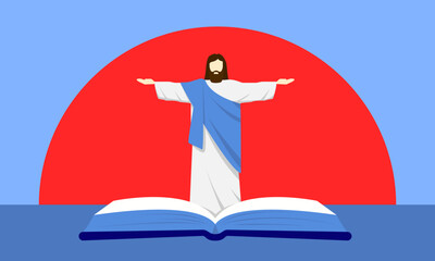 Flat vector illustration of Jesus Christ with outstretched arms rising from an open Bible. Bright red sun in background. Ideal for faith, Christianity, and spiritual design themes