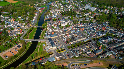A panoramic aerial view around the old town in the city Diez, Germany on a sunny spring day