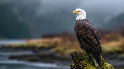Fototapeta premium Bald Eagle on Mossy Rock in Misty Landscape