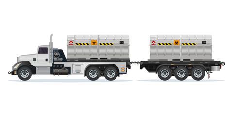 Truck semi trailer with double containers filled with toxic waste, radioactive biological hazard vector illustration