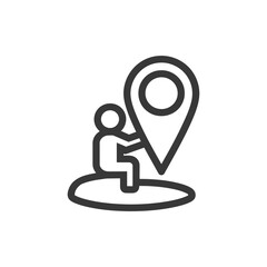 Minimalist Icon: Person Riding Location Pin on Surfboard, Black Outline