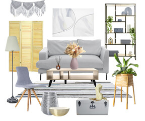 Different furniture and decorative elements on white background, collage. Living room interior with...