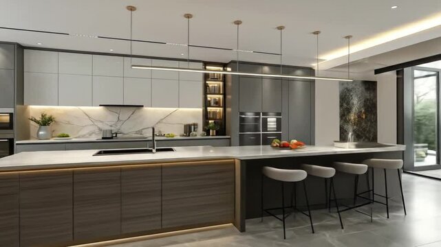 Modern kitchen design ideas: luxury marble countertops, gray cabinets, island seating, open layout style