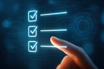 Futuristic Checklist Interface Touched By Human Finger