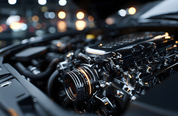 Car engine with open hood. Modern silver black auto motor. Automobile technology, mechanical repair and service concepts. Clean shiny, expensive part of car.