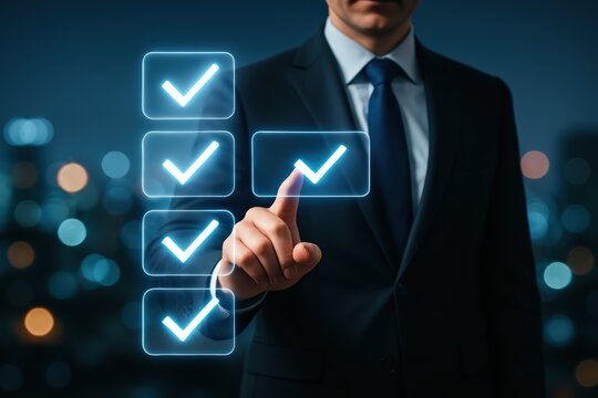 Businessman Tapping Digital Checklist on Virtual Interface