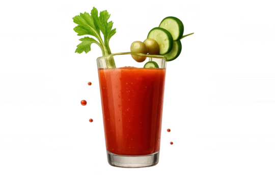 Bloody Mary cocktail with celery and olives isolated on transparent background