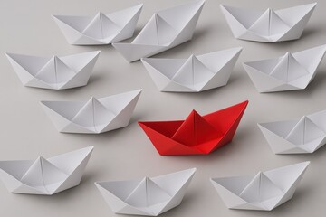 Obraz premium Red Paper Boat Standing Out Among White Boats