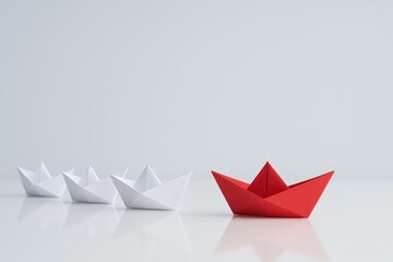 Naklejka premium Red Paper Boat Leading White Boats on Reflective Surface
