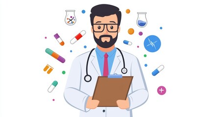 Medical Professional with Clipboard Surrounded by Colorful Medicine and Scientific Symbols for Health and Wellness Concepts