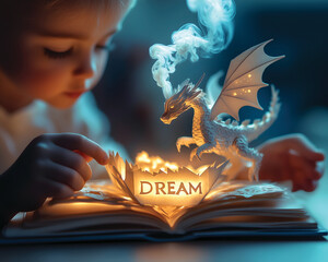 Magical Dragon from Glowing "DREAM" Book - Childhood Fantasy