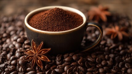 Instant coffee powder and star anise in a cup set on a bed of coffee beans, close-up shot