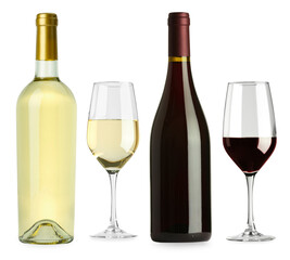 Different types of wine. Bottles and glasses isolated on white