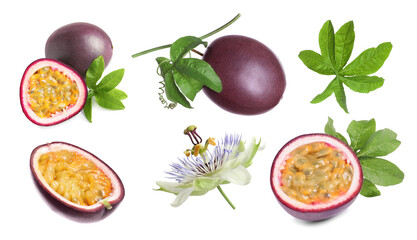 Passion fruits, flower and green leaves isolated on white, set