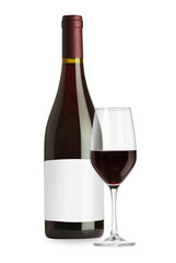 Luxurious red wine in bottle with blank label and glass isolated on white