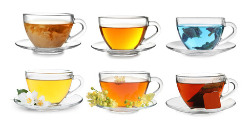 Different types of tea in glass cups isolated on white, set