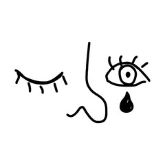 Crying face line doodle with eye, nose and tear drop in emotional black minimalist style for mental health, heartbreak, sadness and expressive emotional illustrations, SVG transparent file