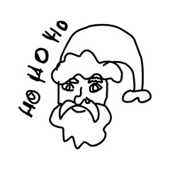 Santa Claus face with ho ho ho lettering in bold black doodle style for Christmas design, greeting cards, holiday stickers and festive creative print elements, SVG vector icon