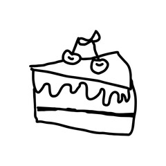 Slice of cherry cake in black doodle style with icing and fruit topping, playful hand-drawn icon for bakery menu, food blog graphics, birthday party decor, SVG vector on white