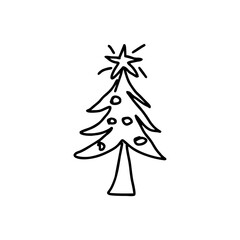Minimalist Christmas tree with star and ornaments in black doodle style, festive SVG icon for holiday greeting cards, winter decor, children's art and New Year celebration projects