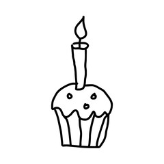 Birthday cupcake with candle in bold black doodle style, fun celebratory sketch for kids parties, festive invitation design, sweet treat illustration, SVG icon on transparent background