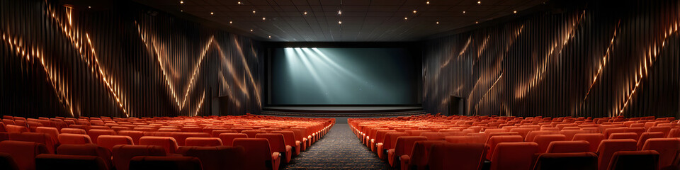 Empty red theater seats facing large screen in modern cinema hall