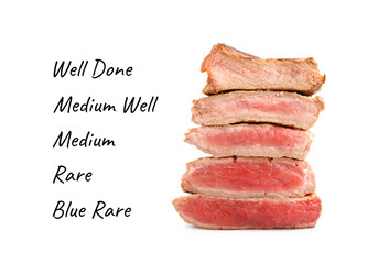 Delicious beef meat pieces on white background. Degrees of doneness from Blue Rare to Well Done