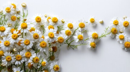Obraz premium Numerous blooming chamomile flowers arranged against a white backdrop