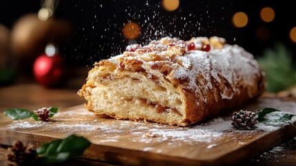 A beautifully crafted holiday bread, dusted with powdered sugar and adorned with festive decorations, capturing the essence of warmth and celebration during the festive season.