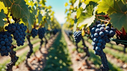 Naklejka premium Rows of vineyard with unripe bunches of grapes close-up in the vineyard