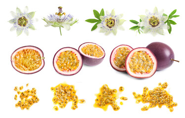 Passion fruits, flowers and green leaves isolated on white, set